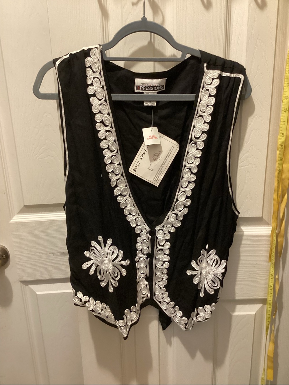 Expressions Black Sleeveless Embroidered Vest with White Trim